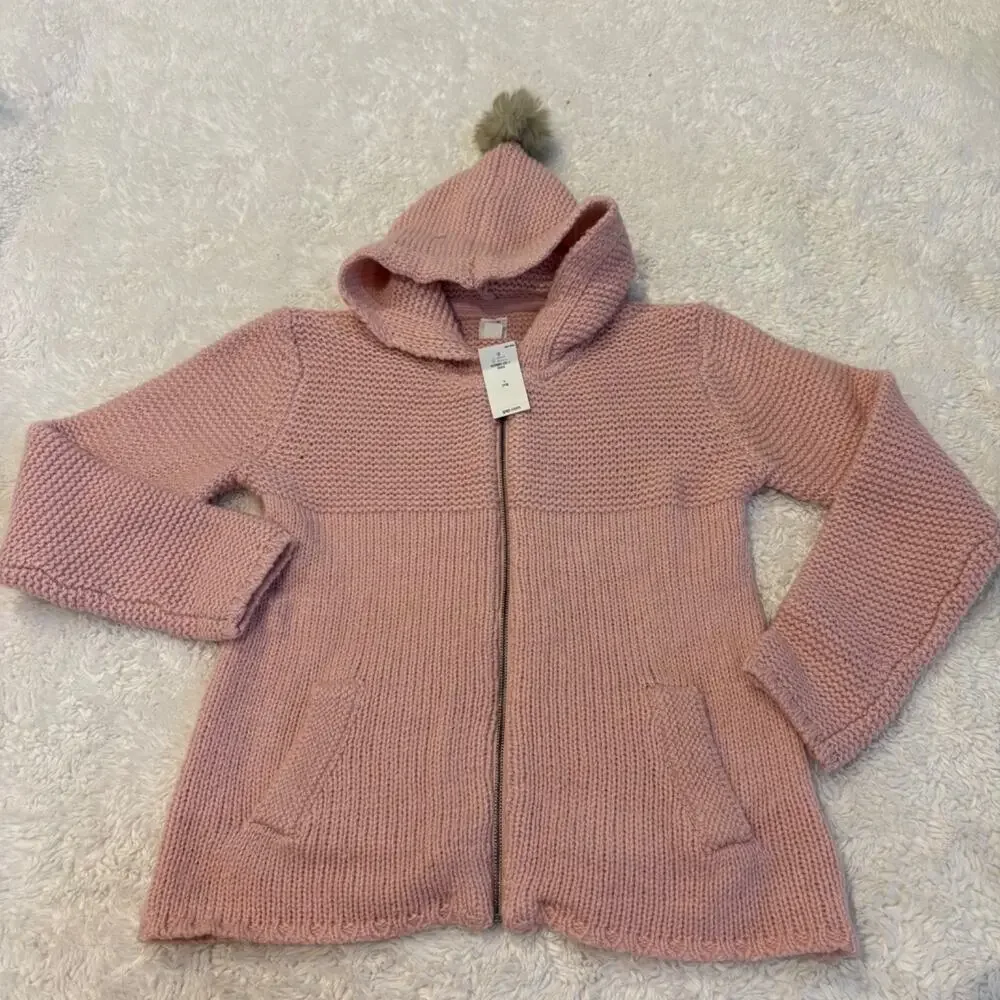 Gap Girls Pink Zip Up Crochet Sweater Wool Blend Cottagecore Soft Outdoors Sz L